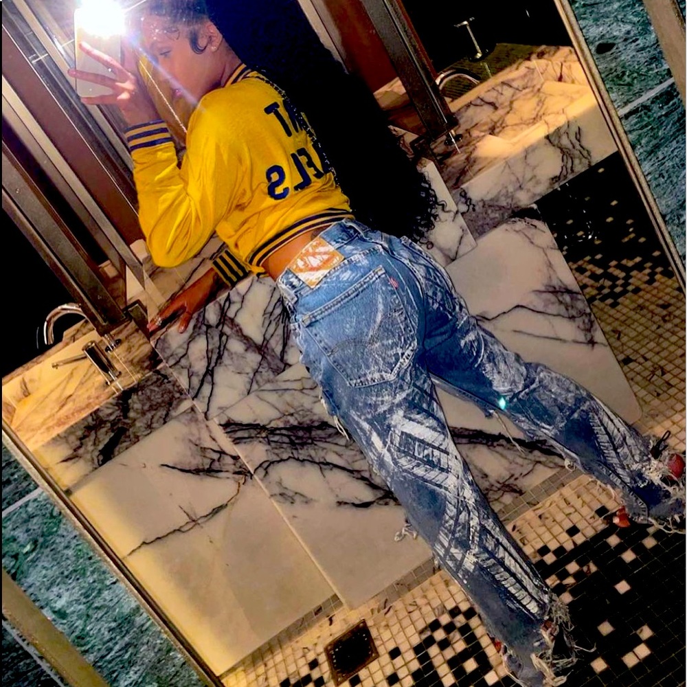 Hand painted customized distressed jeans size 34